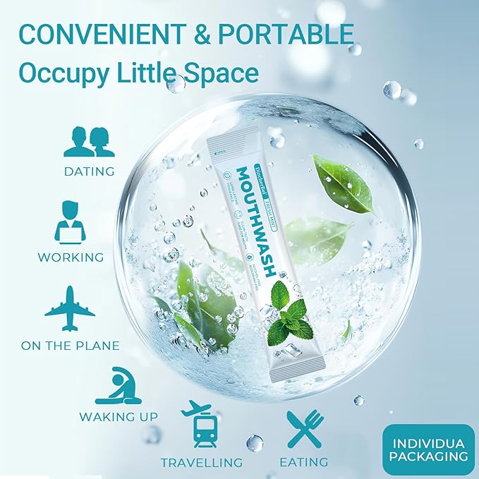 Travel-Size Alcohol & Fluoride Free Mint Mouthwash Packets, 60 Individually Wrapped Portable Packs for Adults, Fresh Breath Mint Flavored Mouthwash for Oral Hygiene, 0.63 Fl Oz Each