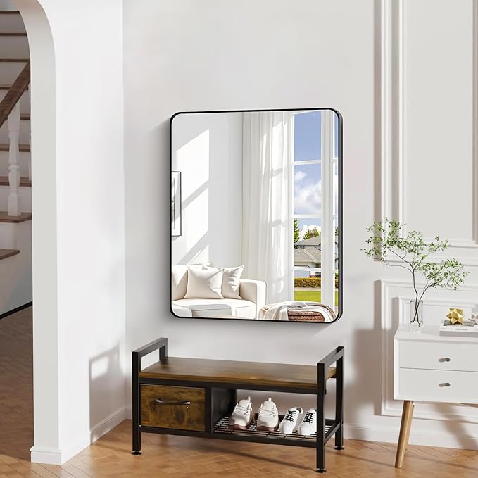 30" x 36"Bathroom Mirror, Matte Black Wall Mirror with Metal Frame, Decorative Rectangular Vanity Mirror for Bedroom Bathroom Living Room Entryway (Horizontal/Vertical)-StrideForce Fitness