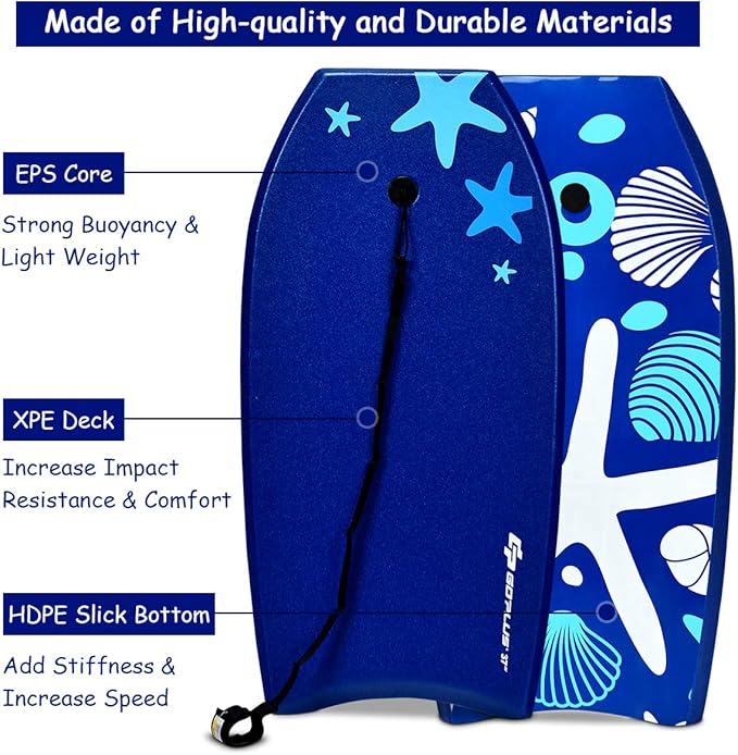 Goplus 41''/37''/33'' Lightweight Body Board for Beach, Surf Board with EPS Core, XPE Deck, HDPE Slick Bottom, Wrist Leash, Bodyboard for Kids Adults Surfing-StrideForce Fitness