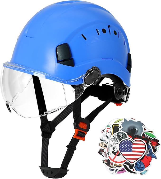 AOLAMEGS Construction Blue Hard Hats - Adjustable Vented Hard Hat with Visor for Men Women ABS Safety Helmet 6-Point Suspension Work Safety Helmet for Outdoor Height Industrial (with Clear Visor)-StrideForce Fitness