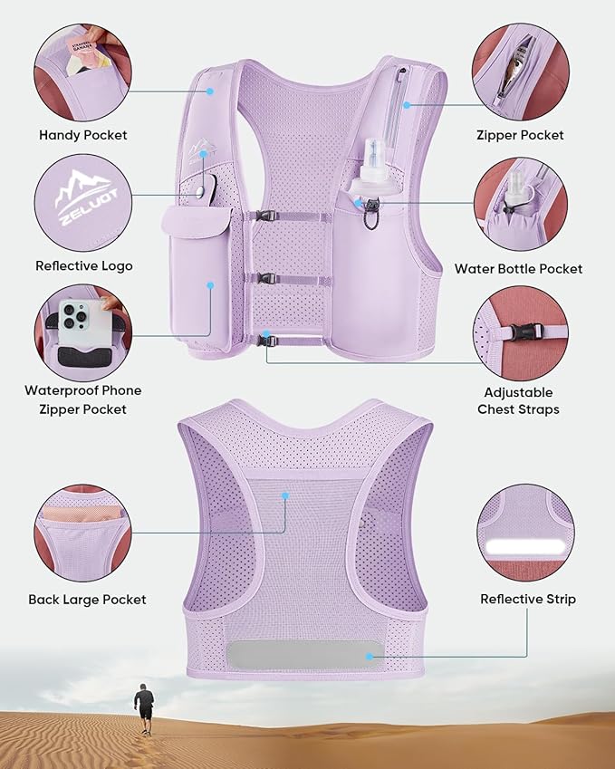 Running Vest for Women Men, USA Original Patent, Adjustable Chest Straps Running Hydration Vest with 500ml Soft Flask, Lightweight Reflective Hydration Backpack for Marathon-StrideForce Fitness