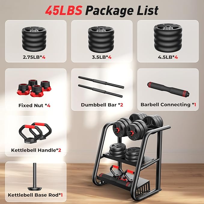 Adjustable dumbbell set,20/35/45/55/70/90lbs Free Weights set with upgraded nut, 4 in 1 Weight Set Used as Kettlebells, Barbell, Push up Stand, Fitness Exercise for Home Gym Suitable Men/Women-StrideForce Fitness