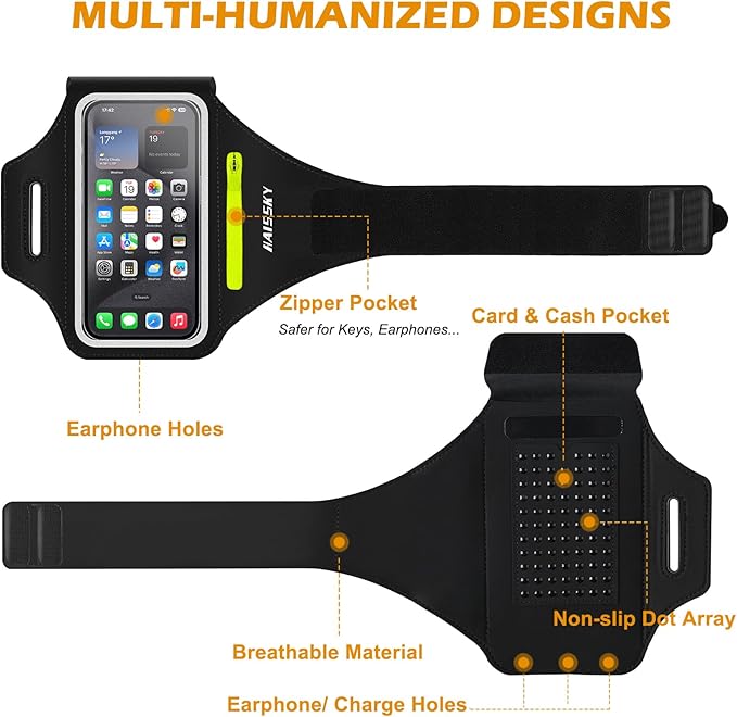 Running Armband with Earphone Bag Cell Phone Armband for iPhone 16 15 Pro 14 Plus 13 11 XR XS, Galaxy S24/S10 Water Resistant Sports Phone Holder Case & Zipper Slot Car Key Holder for 6.9 inch Phone-StrideForce Fitness