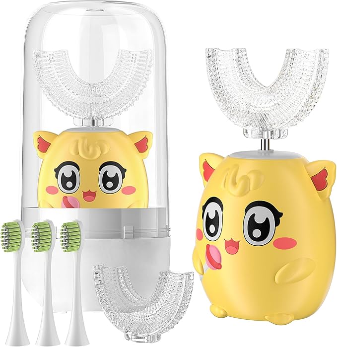 Kids Electric U Shaped Toothbrush Children Rechargeable Sonic Toothbrush with 6 Soft Brush Head Automatic Full Mouth 6 Cleaning Modes - (Age 8-15 Yellow)
