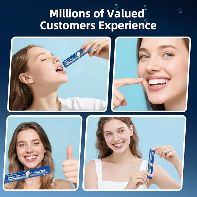 RAZOKO Mouthwash Travel Size-Portable Fresh Mint Packets,Alcohol & Fluoride Free Mouthwash,Disposable Oral Care Strips (0.41 Fl Oz (Pack of 20), Coconut)