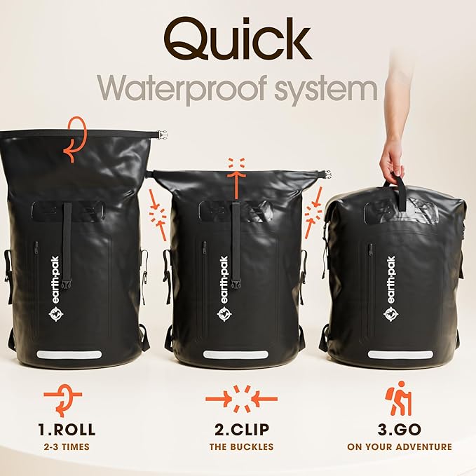 Earth Pak Waterproof Backpack - Heavy Duty Hiking Backpack - Roll-Top Closure Bag - Cushioned Dry Bag Waterproof Phone Case-StrideForce Fitness
