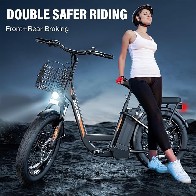 Caroma Electric Scooter with Seat, 48V Removable Battery E-Bike, Up to 30Miles&20MPH, 500/800/1200W Motor, 20" Fat Tire Adult Electric Bicycles for Commuting with Basket-StrideForce Fitness