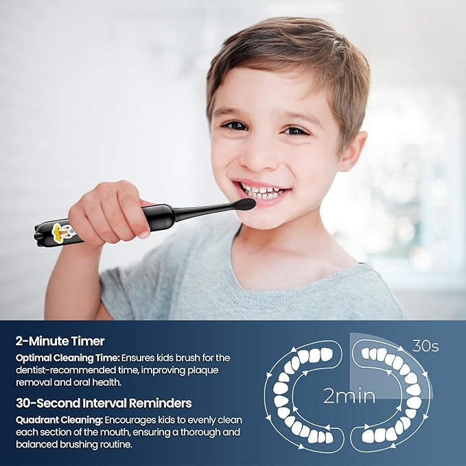 YUNCHI K5 Kids Rechargeable Electric Toothbrush with Waterproof Stickers, 3 Modes with 2 Minutes Timer, for Boys Age 4-6-8-12, Toddler Children Sonic Toothbrush with 4 Replacement Heads Soft, Black