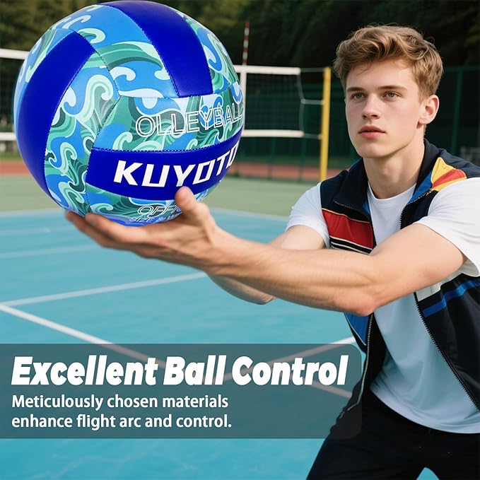 KUYOTQ Official Size 5 in&Outdoor Beach Volleyball,3MM Thickened Surface Soft Leather Youth Womens Mens Volleyball for Game Gym Training(Deflated) (Blue-Wave)-StrideForce Fitness