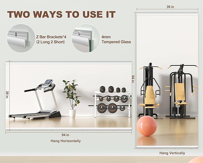 Hasipu Home Gym Mirror 95" L x 39" W - 1PC Large Full Body Mirror for Yoga, Wall-Mounted Mirrors for Fitness, Garage, Dance Studio, 0.16in Tempered Glass Frameless-StrideForce Fitness