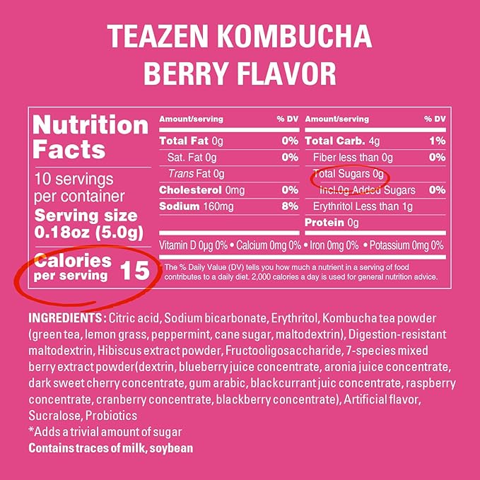 TEAZEN Berry Kombucha Tea, Hydration Drink Mix, Sugar Free, Live Probiotics & Prebiotics, 10 Sticks, 1.76oz-StrideForce Fitness