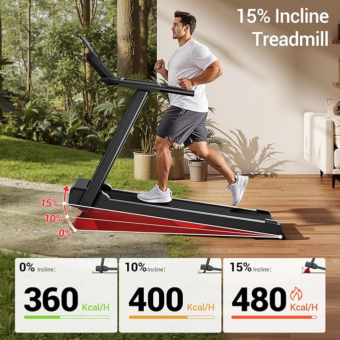 Treadmills for Home, 15% Incline Treadmill, Folding Treadmill Filpped Screen and Heart Rate Sensor, 3.0HP Quiet Brushless Dual Cushion System, 300lbs Weight Capacity-StrideForce Fitness