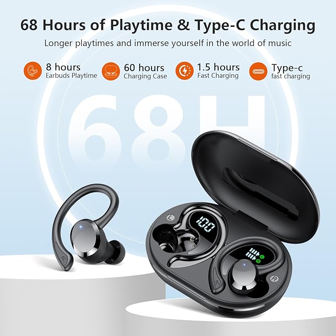 Wireless Earbuds, 2025 New Bluetooth 5.4 Headphones Sport Earphones with 68Hrs Playtime LED Display ENC Noise Cancelling Mic, IPX7 Waterproof Over Ear Ear Buds with Hook for Sports/Running-StrideForce Fitness
