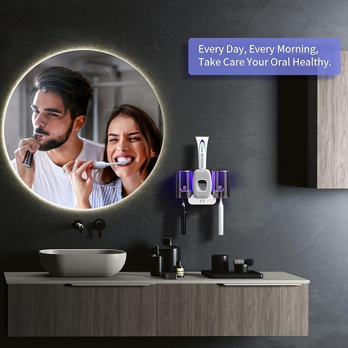 Toothbrush Holders for Bathrooms, Wekity Automatic Toothpaste Dispenser Space Saving Toothbrush and Toothpaste Holder，Toothbrush Holder Wall Mounted with 2 Cups for Bathroom (Grey)…