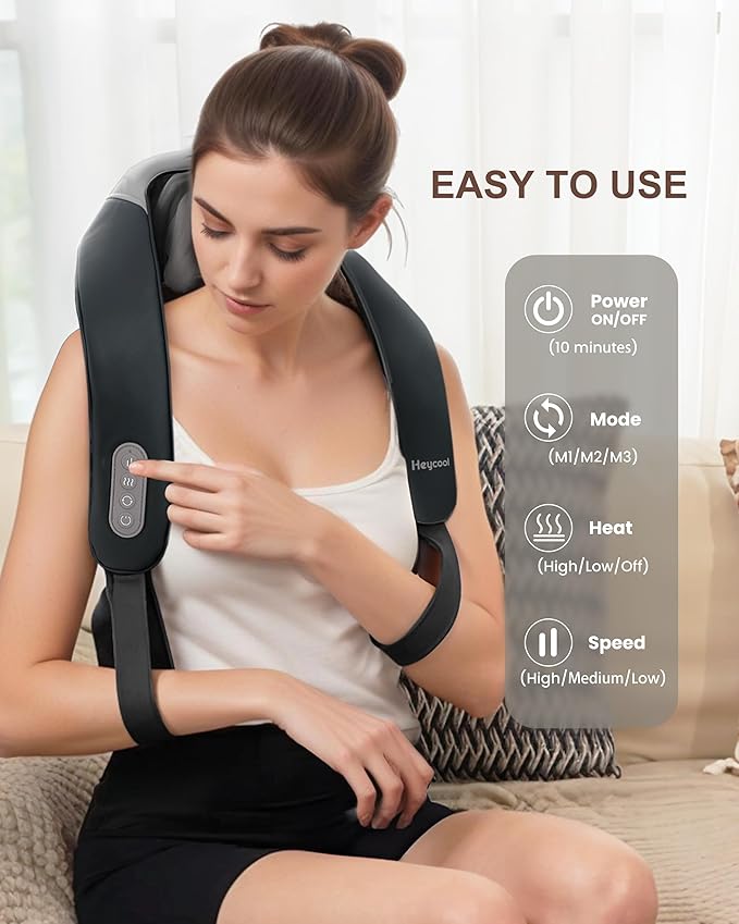 Cordless Neck and Shoulder Massager with Heat, Shiatsu Neck Back Massager Deep Tissue, 3 Massage Intensity & 3 Heating Area, Gifts for Women, Men