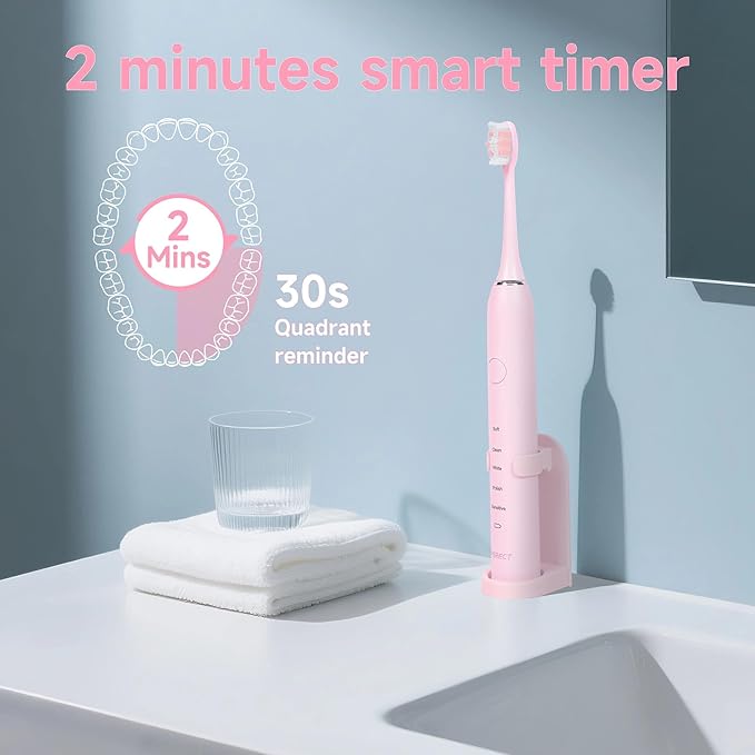 PERECT Ultrasonic Electric Toothbrush with 6 Brush Heads, 5 Modes Electric Toothbrush, Travel Rechargeable Power Toothbrush for Adults with Smart Timer &Travel Case & Soft Picks, IPX7 Waterproof, Pink