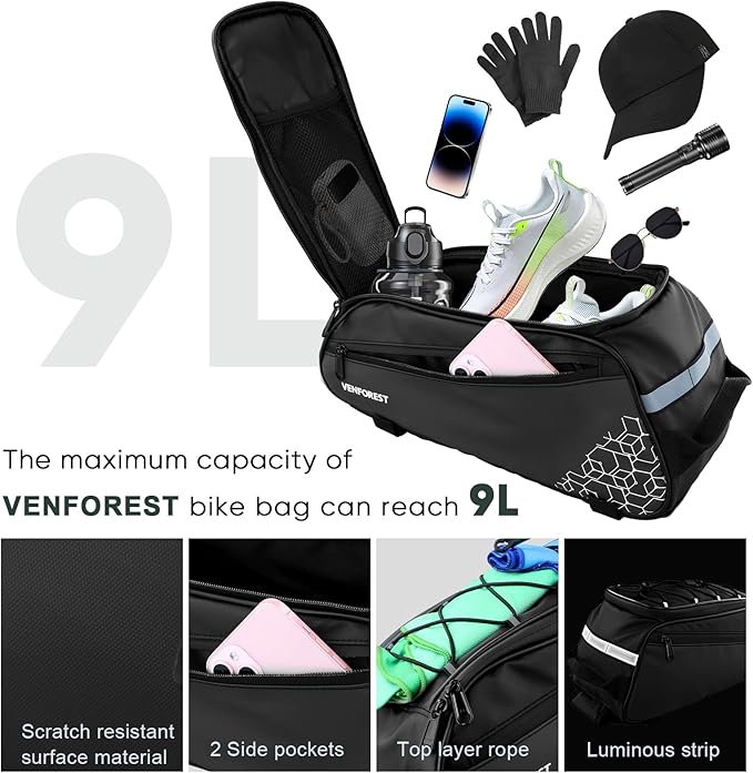 Bike Rear Rack Bag,9L PVC Waterproof Bike Trunk Bag for Road and Mountain Bikes,Bicycle Rear Seat Bag with Rain Cover Bike Saddle Bag for Cycling Trip (Pure Black)-StrideForce Fitness