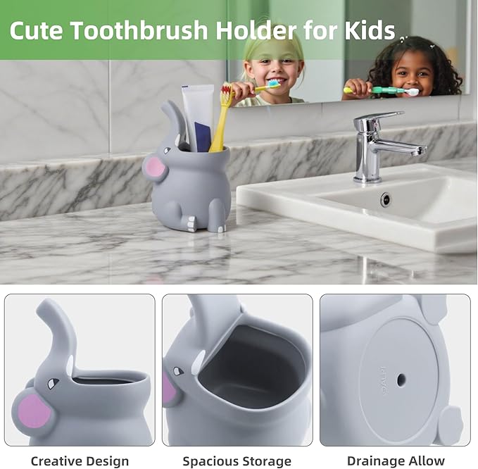 Kids Toothbrush Holder Toothbrush Organizer – Durable Silicone Animal Tooth Brush Holder – Easy to Clean Toothbrush and Toothpaste Holder – Toothbrush Holders for Bathrooms by Lily’s Home - Elephant