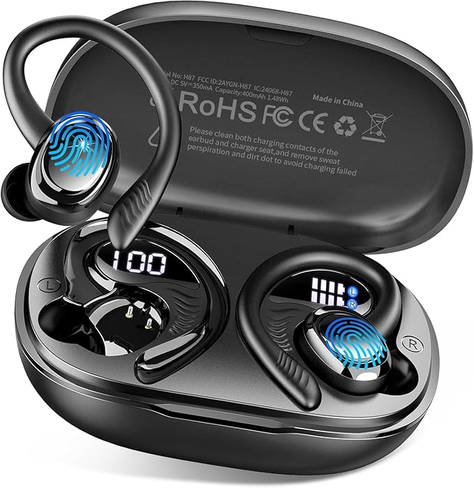 Wireless Earbuds Sport, 2025 Bluetooth 5.4 Headphones with Earhooks, 50H Stereo Deep Bass Over Ear Buds with 4 ENC Noise Canceling Mics, IP7 Waterproof Earphones for Running Workout Gym -Black-StrideForce Fitness