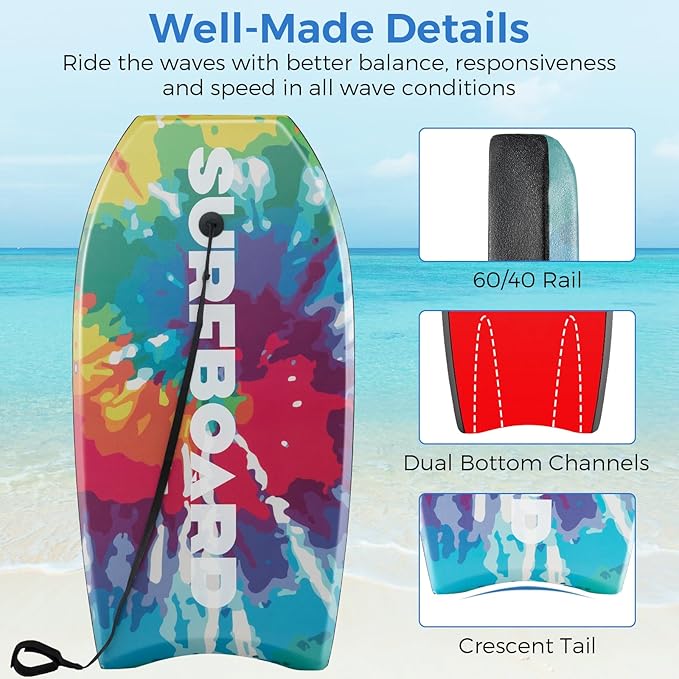 Goplus 41''/37''/33'' Lightweight Body Board for Beach, Surf Board with EPS Core, XPE Deck, HDPE Slick Bottom, Wrist Leash, Bodyboard for Kids Adults Surfing-StrideForce Fitness