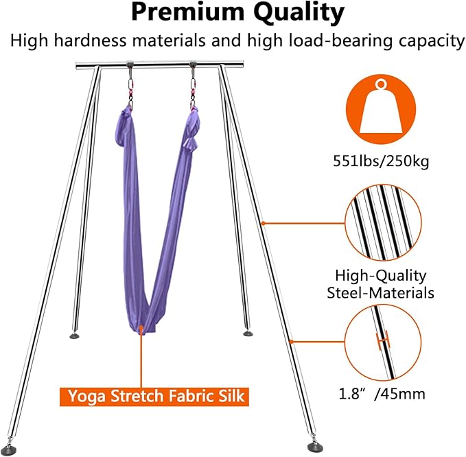 TECSPEC 9.6 FT/115.3 Inch Adjustable Height Aerial Yoga Frame & Hammock, Professional Swing Stand with 18 FT/33FT Aerial Silk, 550lbs Max Capacity-StrideForce Fitness