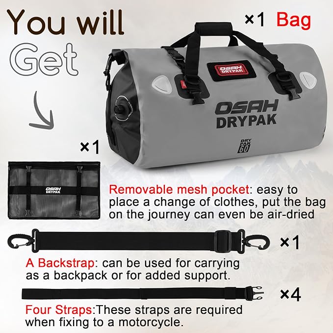 Waterproof Duffel Bag - Motorcycle Dry Bag Tail Bag with Large Storage Space, Waterproof Luggage Duffle Bags with Outer Mesh Zipper Pocket for Camping, Kayaking, Fishing & Traveling-StrideForce Fitness