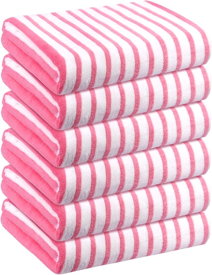 JML Microfiber Beach Towels, Quick Dry Bath Towel Set 6 Pack, 27" x 55" - Cabana Stripe -No Fading, No Linting Microfiber Towels for Hair Wrap, Pool, Bath, Sport, Yoga, Camping, Swimming, Pink-StrideForce Fitness