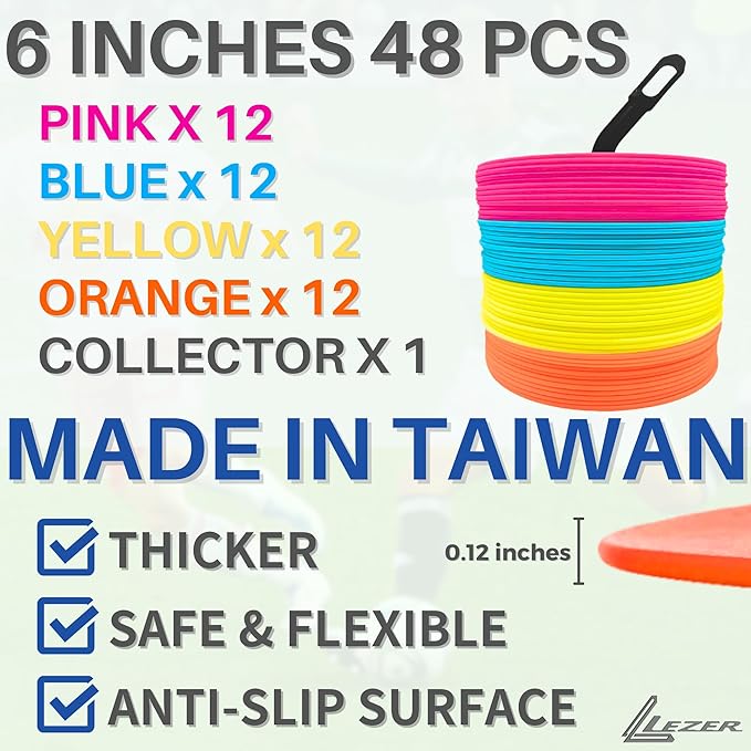 LEZER 6 Inch 8 Inch Flat Cones, Spot Markers, Soccer Cones, Field Court Markers, Sit Spots, Flat Discs, Soccer Training Equipment, Agility Practice, Football, Made in Taiwan-StrideForce Fitness