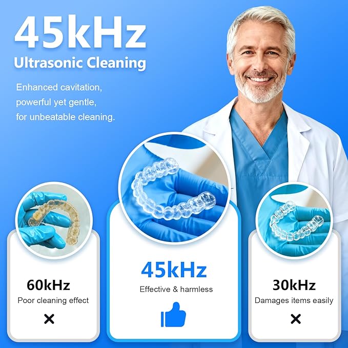 Dental Ultrasonic Retainer Cleaner Machine - Dental Cleaning Pod for Denture, Mouth Guard, Aligner, Night Guard, Braces, Toothbrush Heads, Jewelry, 45kHz Sonic Cleaner with Digital Timer & 200ML