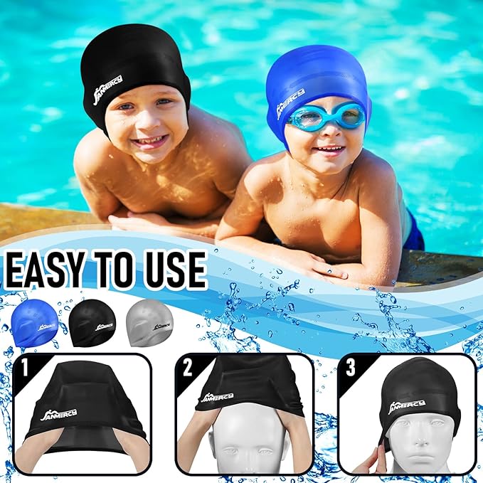 Janmercy 3 Pcs Swim Caps for Boys Girls Silicone Swimming Hat with 3D Ear Pockets for Age 6-15 Bath Hats Short/Long Hair with Ear Plug Nose Clip Supplies-StrideForce Fitness
