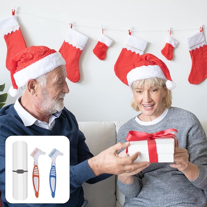 Denture Brush, 2 Pieces False Teeth Toothbrush with White Carrying Case, Orange and Blue Multi-Layered Bristles with Ergonomic Rubber Handle for Dentures Cleaning