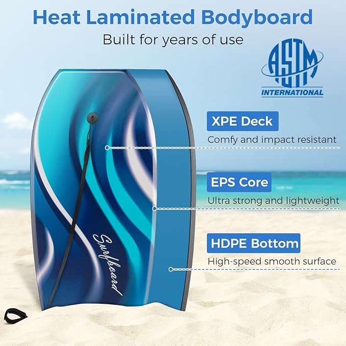 Goplus 41''/37''/33'' Lightweight Body Board for Beach, Surf Board with EPS Core, XPE Deck, HDPE Slick Bottom, Wrist Leash, Bodyboard for Kids Adults Surfing-StrideForce Fitness