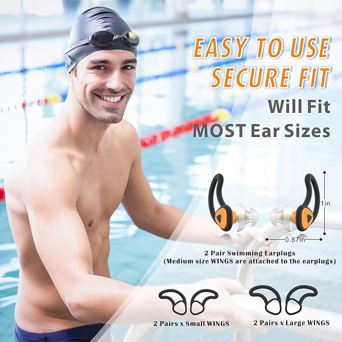 Hearprotek Ear Plugs for Swimming, [2 Pairs] Swim Ear Plugs Adults-Waterproof Silicone Water earplugs for Men Women Juniors Swimmers Pool Shower Bathing (Orange)-StrideForce Fitness