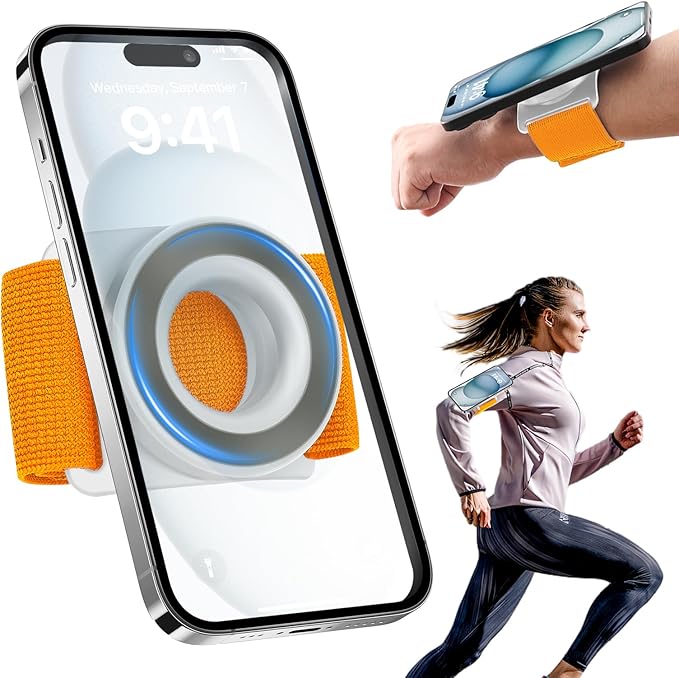 TOPGO Running Phone Holder for iPhone [360° Rotatable & Upgrade Anti-Drop] Magnetic Wrist Phone Holder, Magsafe Armband Compatible with iPhone 17 Pro and Android - Orange-StrideForce Fitness
