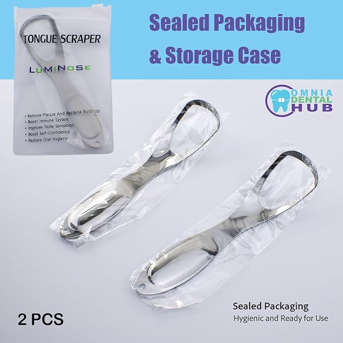 Omnia Medical Grade Tongue Scraper | 2 Pcs Stainless Steel Tongue Cleaner, Metal Tongue Scraper with Travel Bag | Tongue Scrubber for Bad Breath