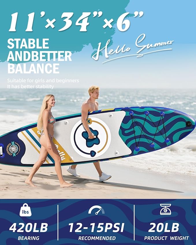 11'Stand Up Paddle Boards Surf Control with Premium SUP Board Accessories Backpack & Removable Fins, 34" Wide Inflatable Paddle Boards of All Skill Levels-StrideForce Fitness