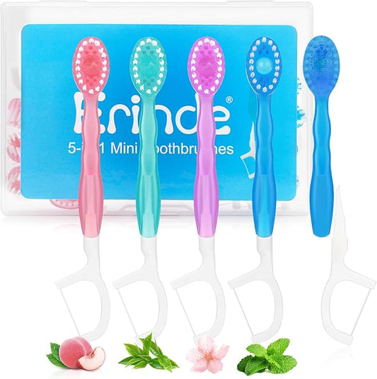 Erinde 5 in 1 Mini Disposable Toothbrushes with Toothpaste + Tongue Scraper + Picks + Floss Travel Case, Prepasted Travel Toothbrushes Pick for Work or Travel, Soft Brushes, 12 Count (Mixed Flavors)