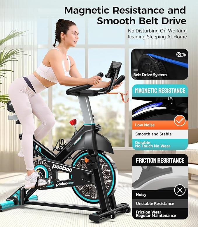 pooboo Exercise Bike, Adjustable Magnetic/Brake Pad Resistance Silent Belt Drive, Indoor Cycling Bike for Home Cardio, Fitness Stationary Bike with 350lbs/300lbs Weight Capacity &Upgraded Version Seat-StrideForce Fitness