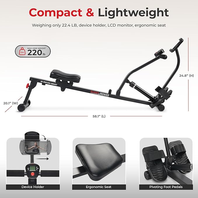 Sunny Health & Fitness Compact Adjustable Rowing Machine with 12 Levels of Resistance for Complete Body Workouts and Optional Free SunnyFit App Enhanced Connectivity-StrideForce Fitness