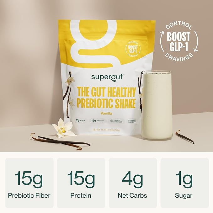 Supergut Prebiotic Shakes | Meal Replacement | Boost GLP-1 | High Protein and Fiber | No Added Sugar | Keto Food, Meal, Snack (Vanilla, 14 servings)-StrideForce Fitness