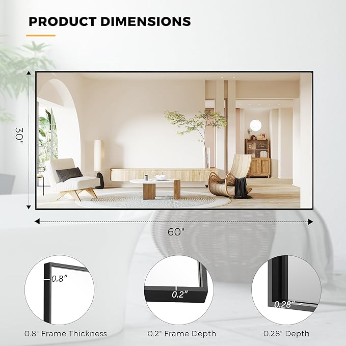 60x30 Inch Bathroom Mirror for Wall, Aluminum Frame Rectangle Rectangular Vanity Mirror, Modern Large for Bedroom, Living Room, Horizontal or Vertical, Black-StrideForce Fitness