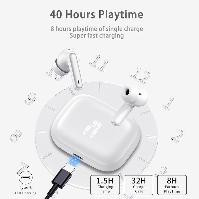 Wireless Earbuds, Bluetooth 5.4 Headphones in Ear with 4 ENC Noise Cancelling Mic, New Wireless Earphones HiFi Stereo Deep Bass 40H Playtime, In-Ear Bluetooth Earbuds LED Display IP7 Waterproof, White-StrideForce Fitness