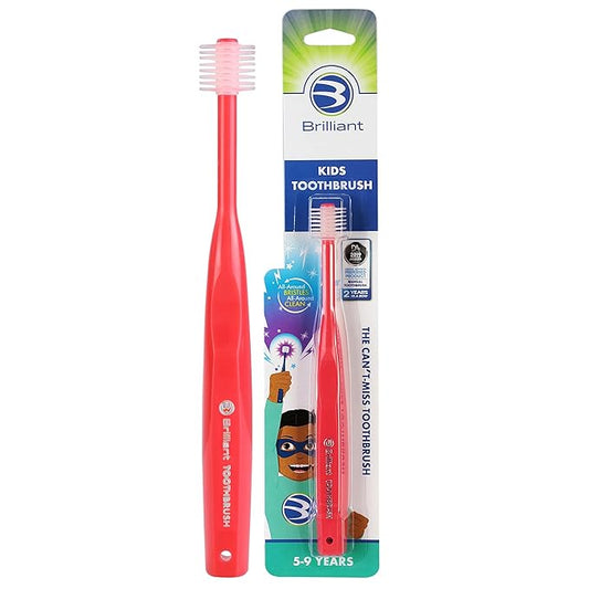 Brilliant Oral Care Kids Toothbrush with Soft Bristles and Round Head, for a Child Approved, Easy to Use All-Around Clean Mouth, Ages 5-9 Years, Red, 1 Pack