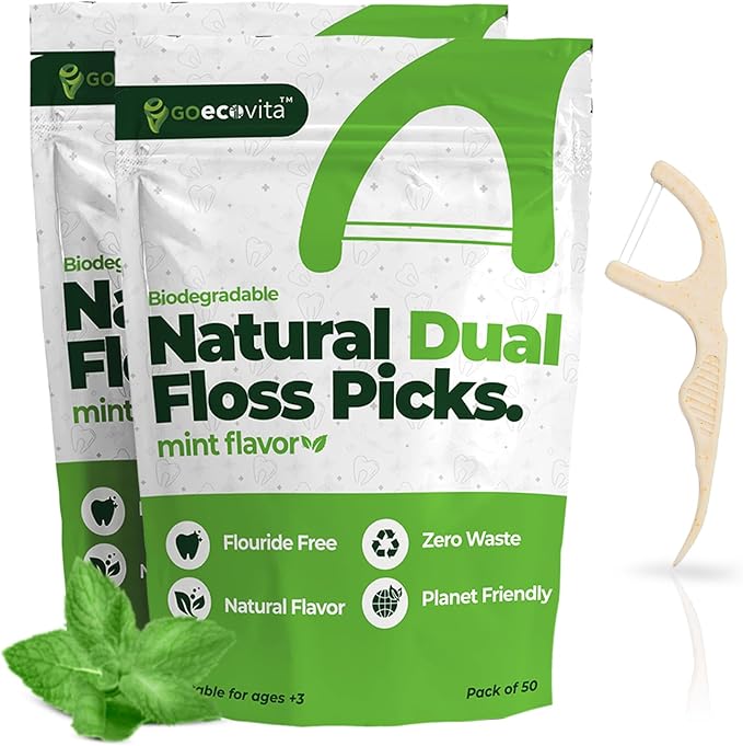 Biodegradable Dual Thread Floss Picks - Natural Straw Wheat Handle | Tight Gap Dental Flossers for Adults | Gentle on Gums & Teeth | Eco Friendly, Vegan, Natural (100 Pack, Mint)