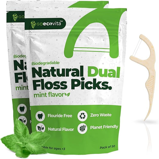 Biodegradable Dual Thread Floss Picks - Natural Straw Wheat Handle | Tight Gap Dental Flossers for Adults | Gentle on Gums & Teeth | Eco Friendly, Vegan, Natural (100 Pack, Mint)