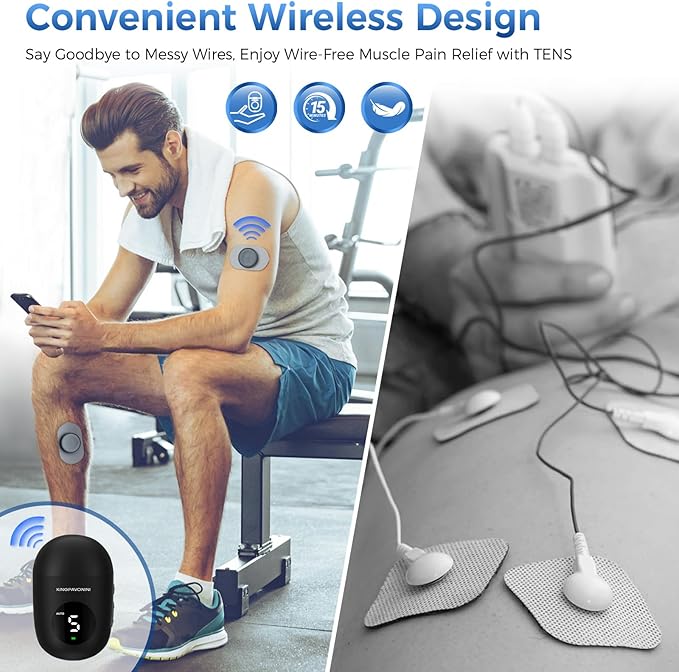 KingPavonini Wireless TENS Unit, Muscle Stimulator for Pain Relief, Portable Rechargable TENS EMS Machine, LED Screen, Remote, Dual Channel 6 Modes 16 Intensity Massager, Charging Case (4 Pads)-StrideForce Fitness