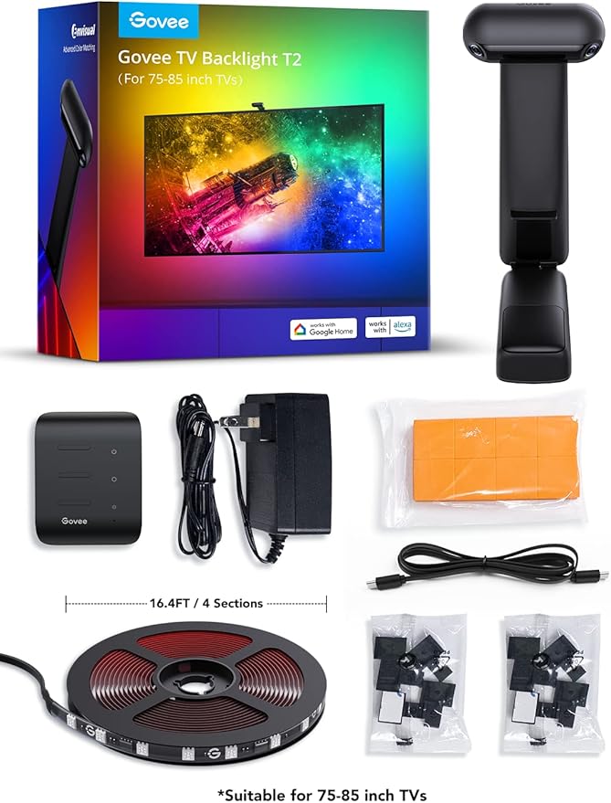 Govee Envisual TV Backlight T2 with Dual Cameras, 16.4ft RGBIC Wi-Fi LED Backlights for 75-85 inch TVs, Double Light Beads, for Home Decorations, Smart App Control, Music Sync-StrideForce Fitness