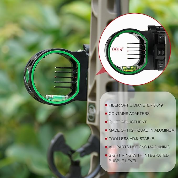 Archery 5-Pin Bow Sight - 0.019" Fiber, Brass Pin, Aluminum Machined - Right and Left Handed, with Hi-Vis Level for Archery, Hunting, Shooting-StrideForce Fitness