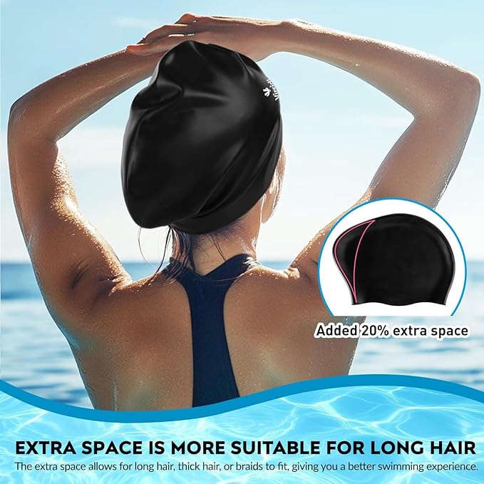 2 Pack Large Swim Caps for Long Hair, Silicone Swimming Cap for Adult Women Men, Waterproof Swim Hats Bathing Caps to Keep Hair Dry with Bonus Nose Clip and Earplugs-StrideForce Fitness