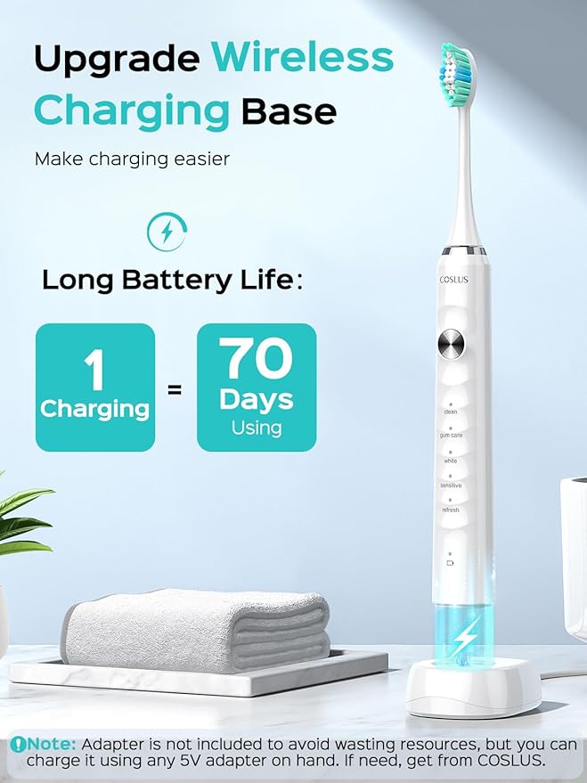 COSLUS Sonic Electric Toothbrush for Kids & Adults: 47000 VPM for Deep Cleaning & Whitening with Travel Case - 5 Modes for Sensitive Teeth & Braces, Wireless Charging, 6 Brush Heads for Home Family